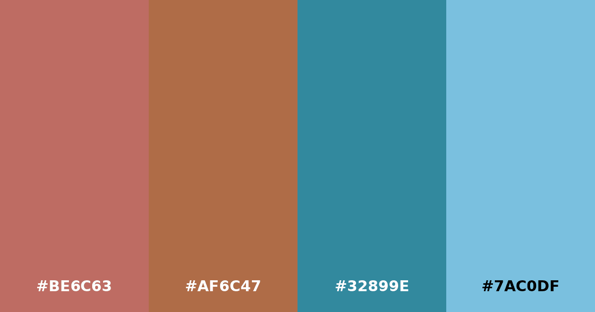 Color palette #BE6C63 #AF6C47 #32899E #7AC0DF