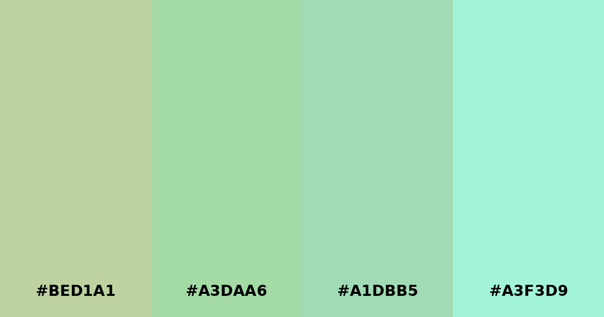 Color palette #BED1A1 #A3DAA6 #A1DBB5 #A3F3D9