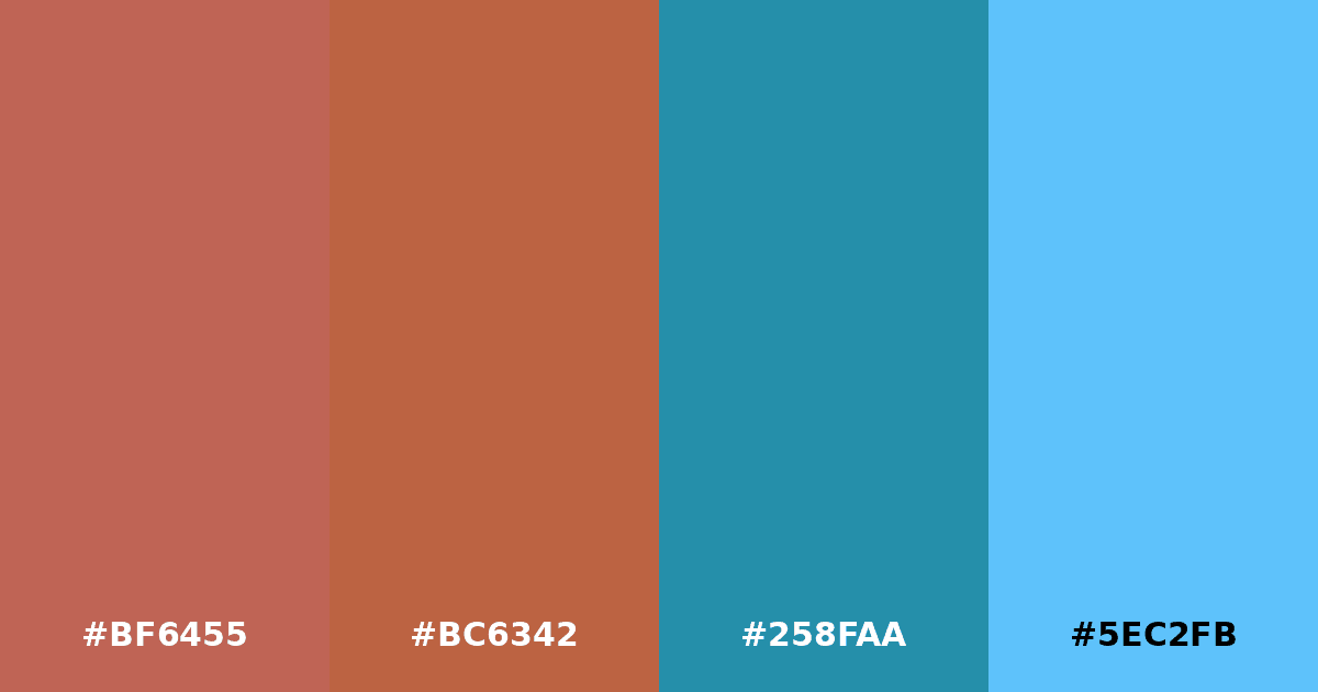 Color palette #BF6455 #BC6342 #258FAA #5EC2FB