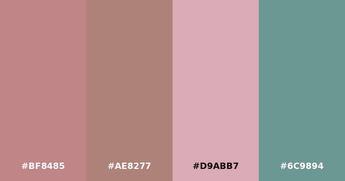 Color palette #BF8485 #AE8277 #D9ABB7 #6C9894