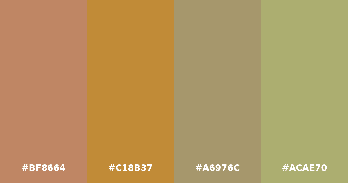 Color palette #BF8664 #C18B37 #A6976C #ACAE70