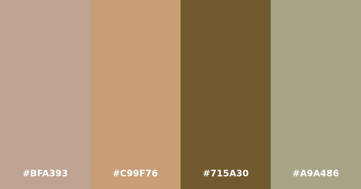 Color palette #BFA393 #C99F76 #715A30 #A9A486
