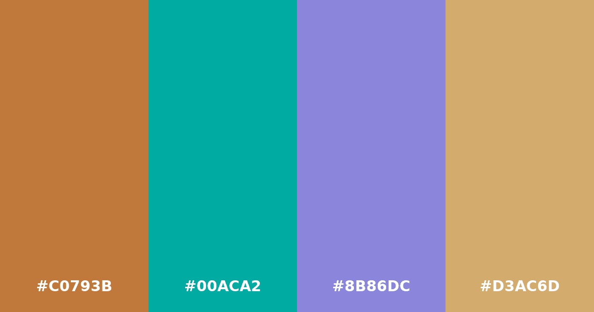 Color palette #C0793B #00ACA2 #8B86DC #D3AC6D