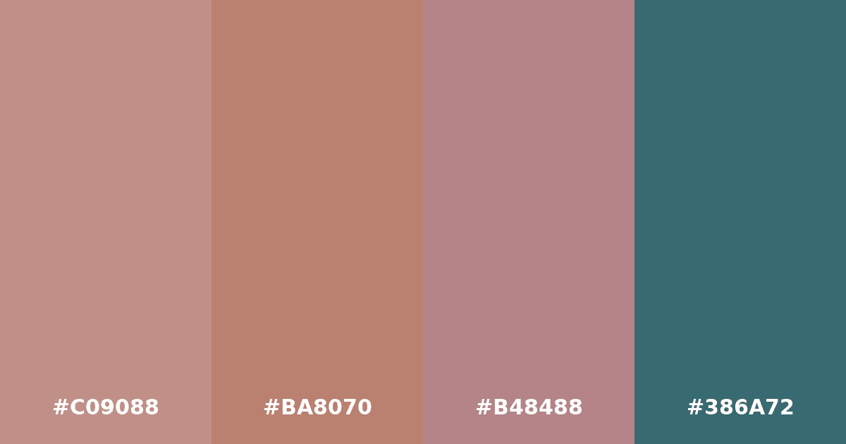 Color palette #C09088 #BA8070 #B48488 #386A72