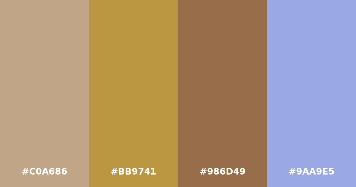 Color palette #C0A686 #BB9741 #986D49 #9AA9E5