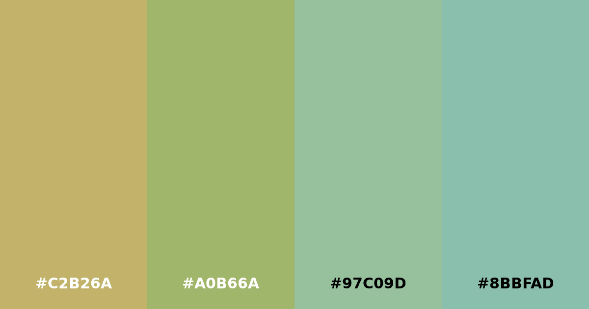 Color palette #C2B26A #A0B66A #97C09D #8BBFAD