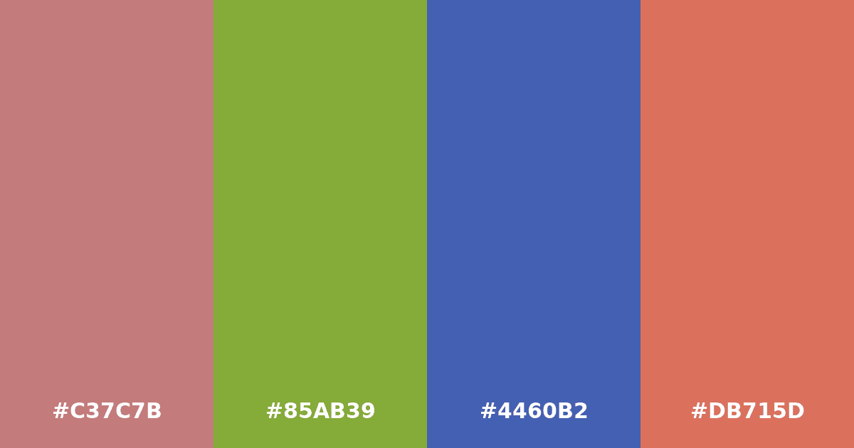 Color palette #C37C7B #85AB39 #4460B2 #DB715D