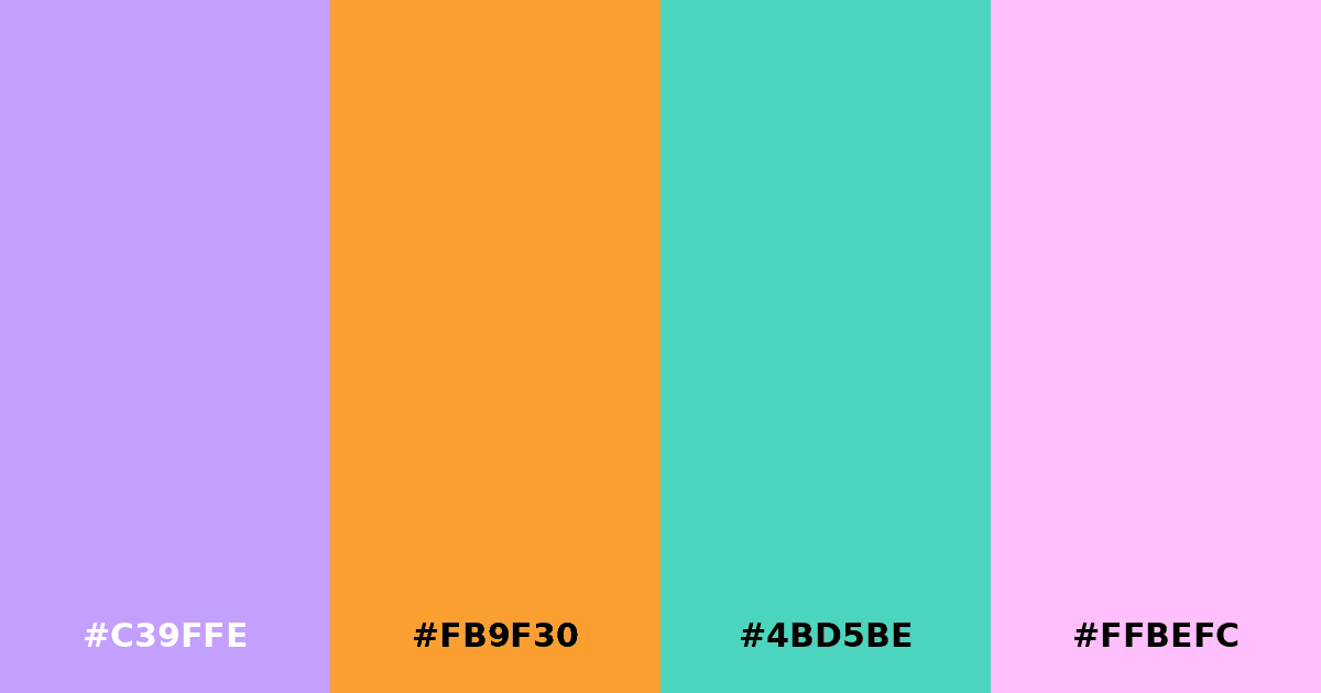 Color palette #C39FFE #FB9F30 #4BD5BE #FFBEFC