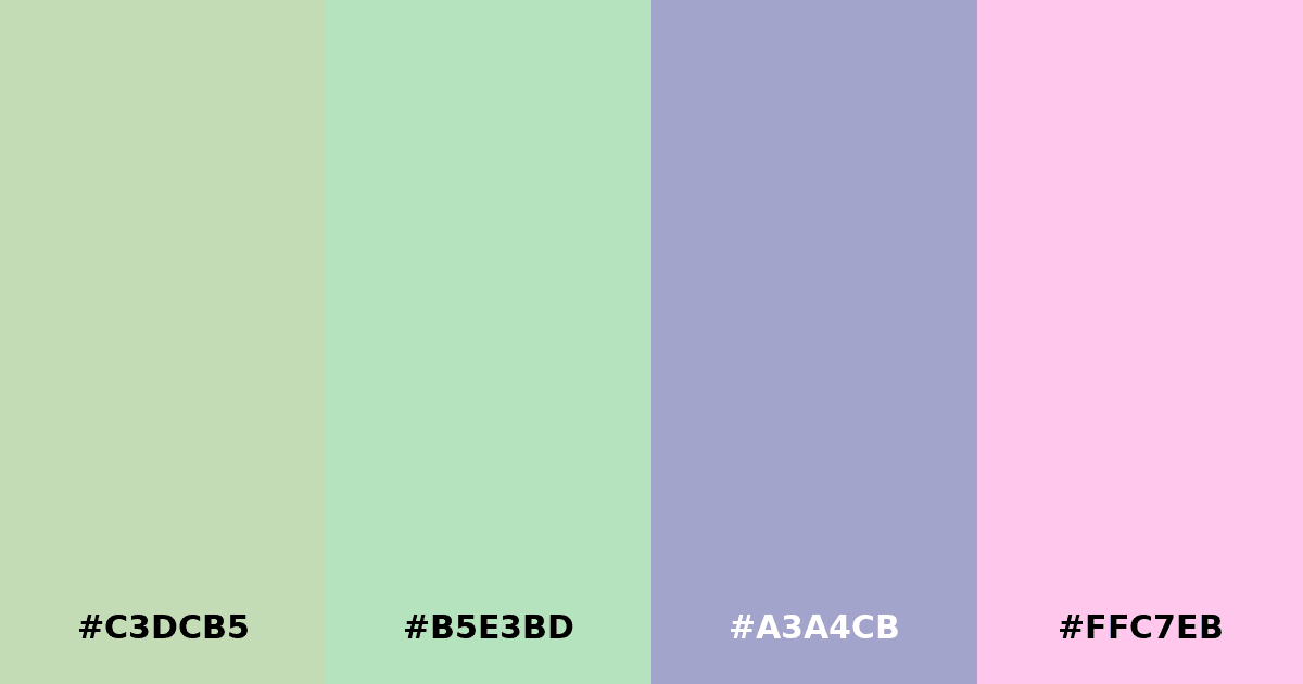 Color palette #C3DCB5 #B5E3BD #A3A4CB #FFC7EB