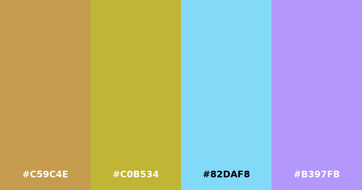 Color palette #C59C4E #C0B534 #82DAF8 #B397FB