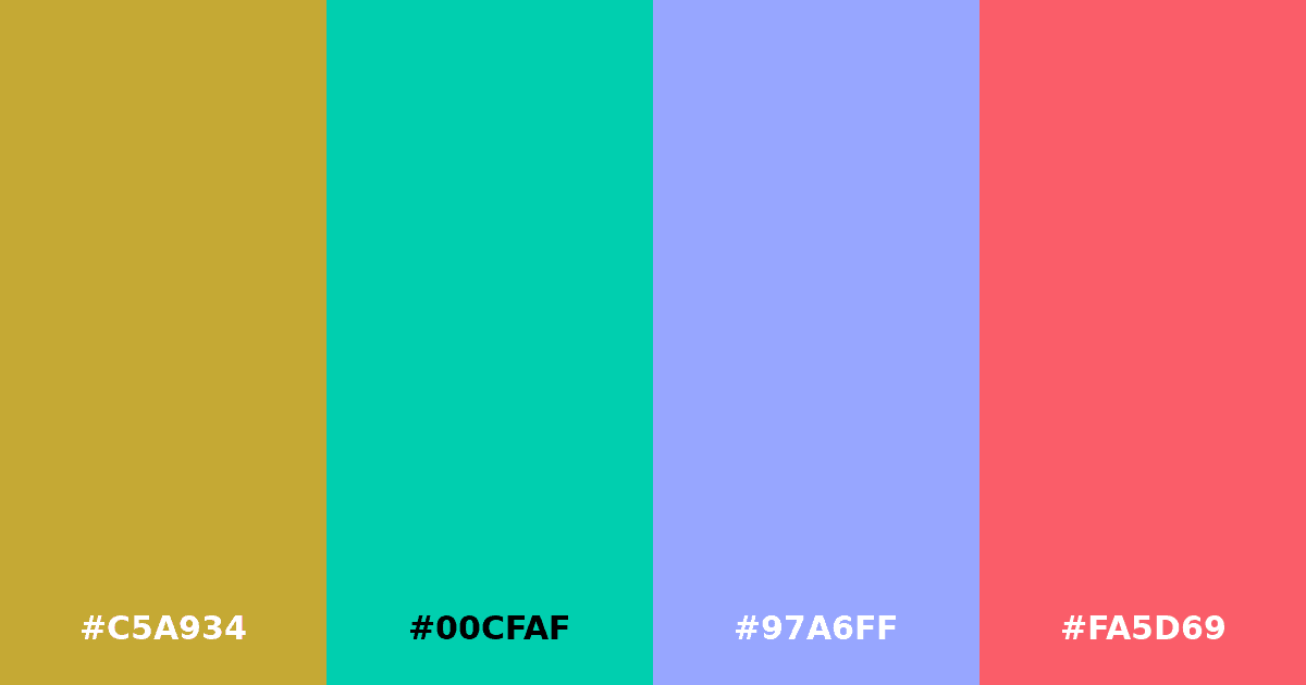 Color palette #C5A934 #00CFAF #97A6FF #FA5D69