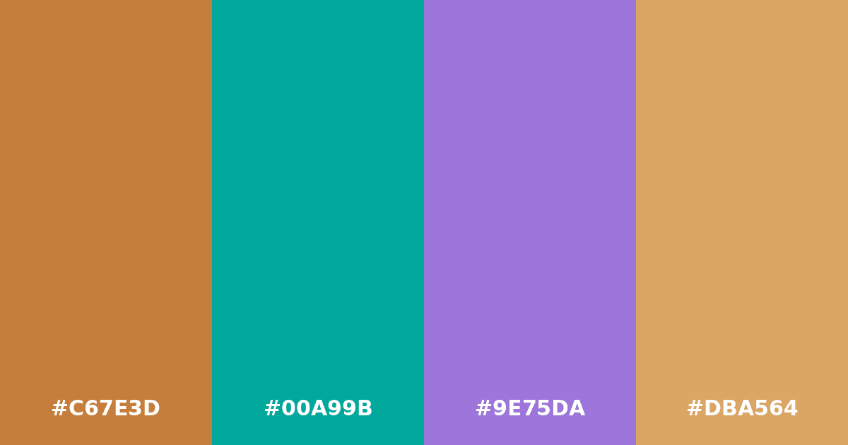 Color palette #C67E3D #00A99B #9E75DA #DBA564