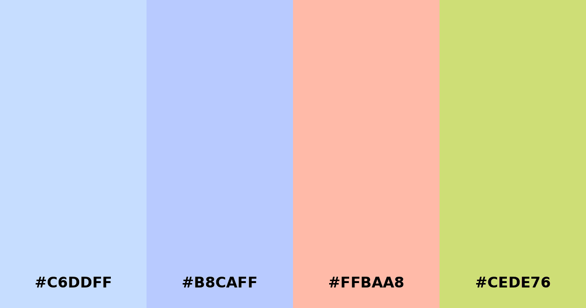 Color palette #C6DDFF #B8CAFF #FFBAA8 #CEDE76