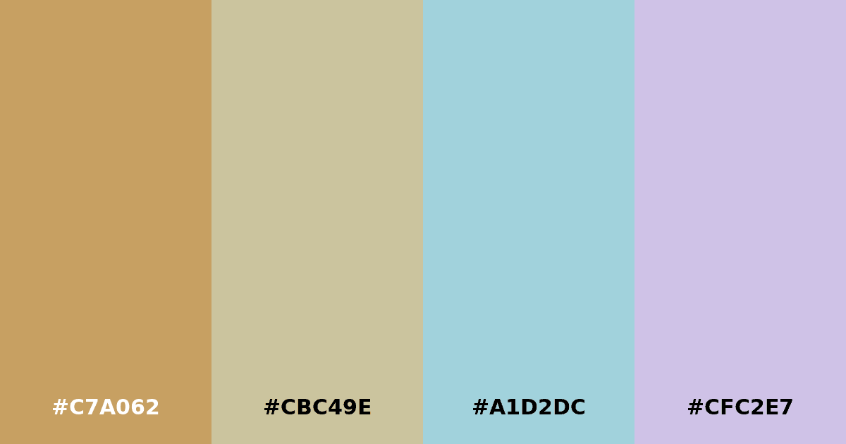 Color palette #C7A062 #CBC49E #A1D2DC #CFC2E7