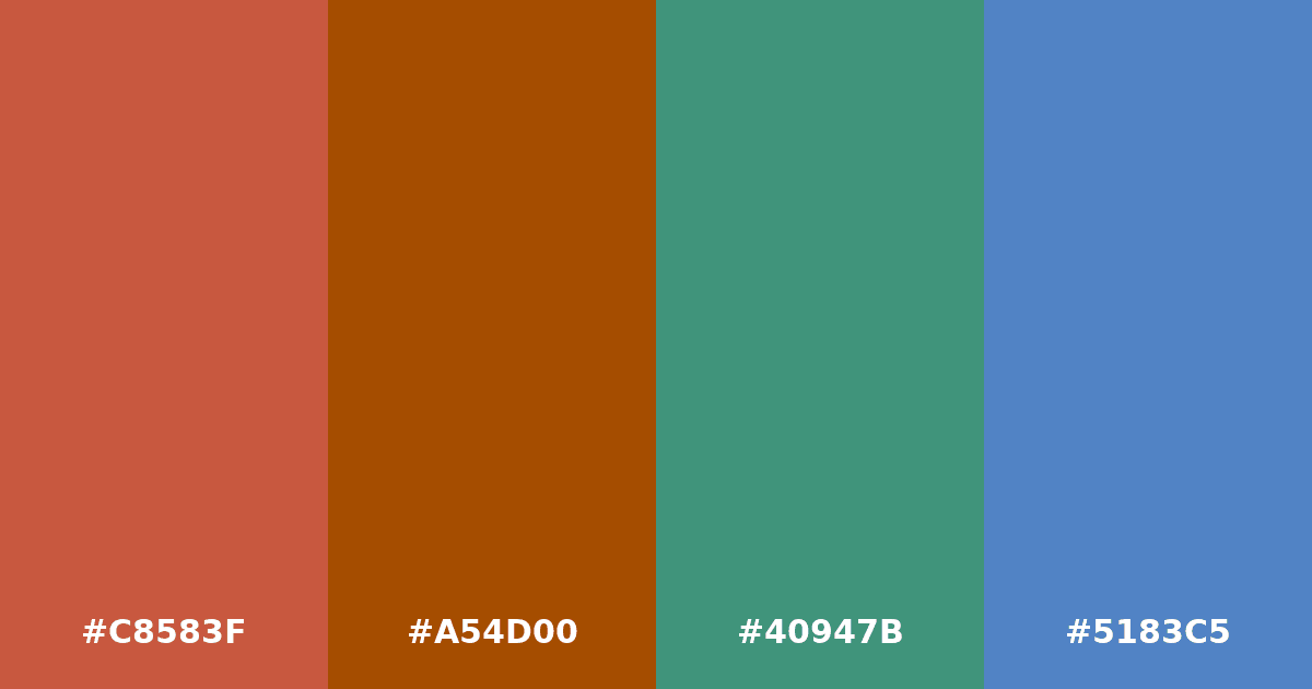 Color palette #C8583F #A54D00 #40947B #5183C5