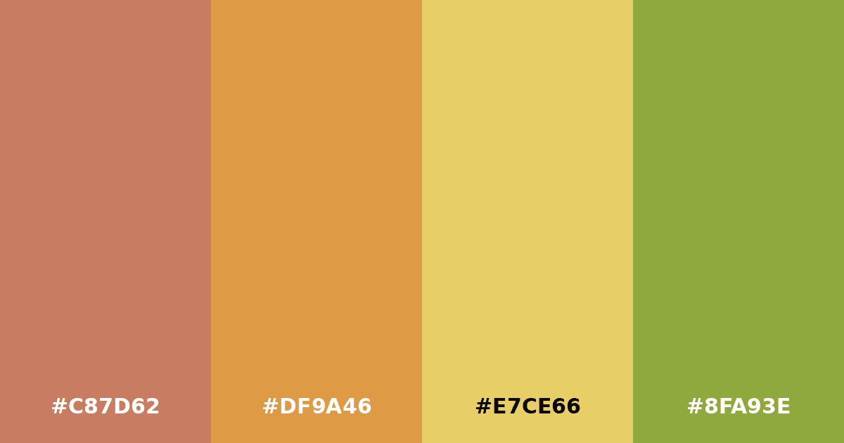 Color palette #C87D62 #DF9A46 #E7CE66 #8FA93E