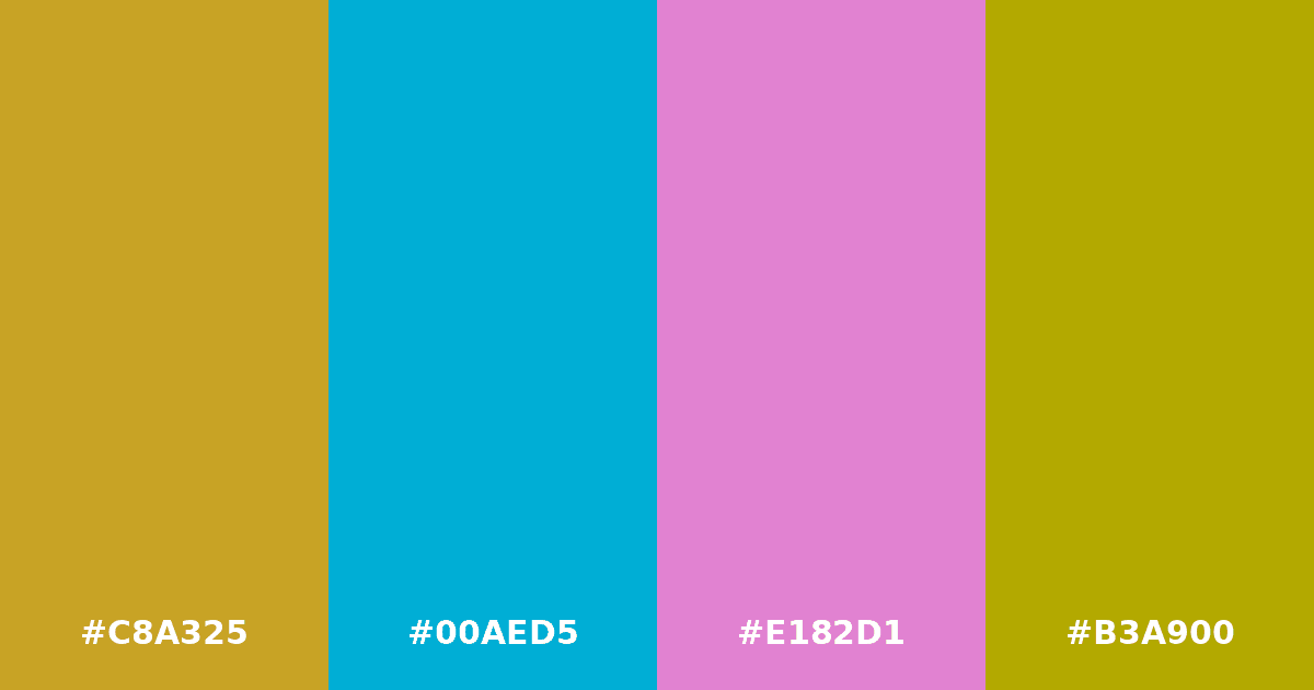 Color palette #C8A325 #00AED5 #E182D1 #B3A900