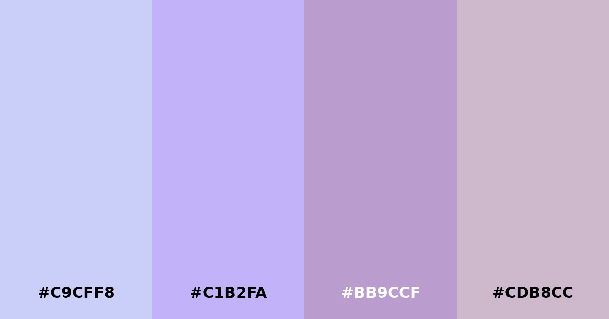 Color palette #C9CFF8 #C1B2FA #BB9CCF #CDB8CC