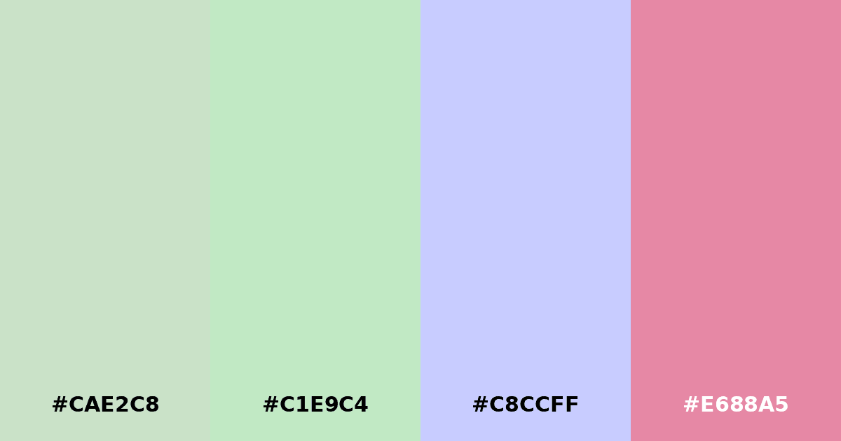 Color palette #CAE2C8 #C1E9C4 #C8CCFF #E688A5