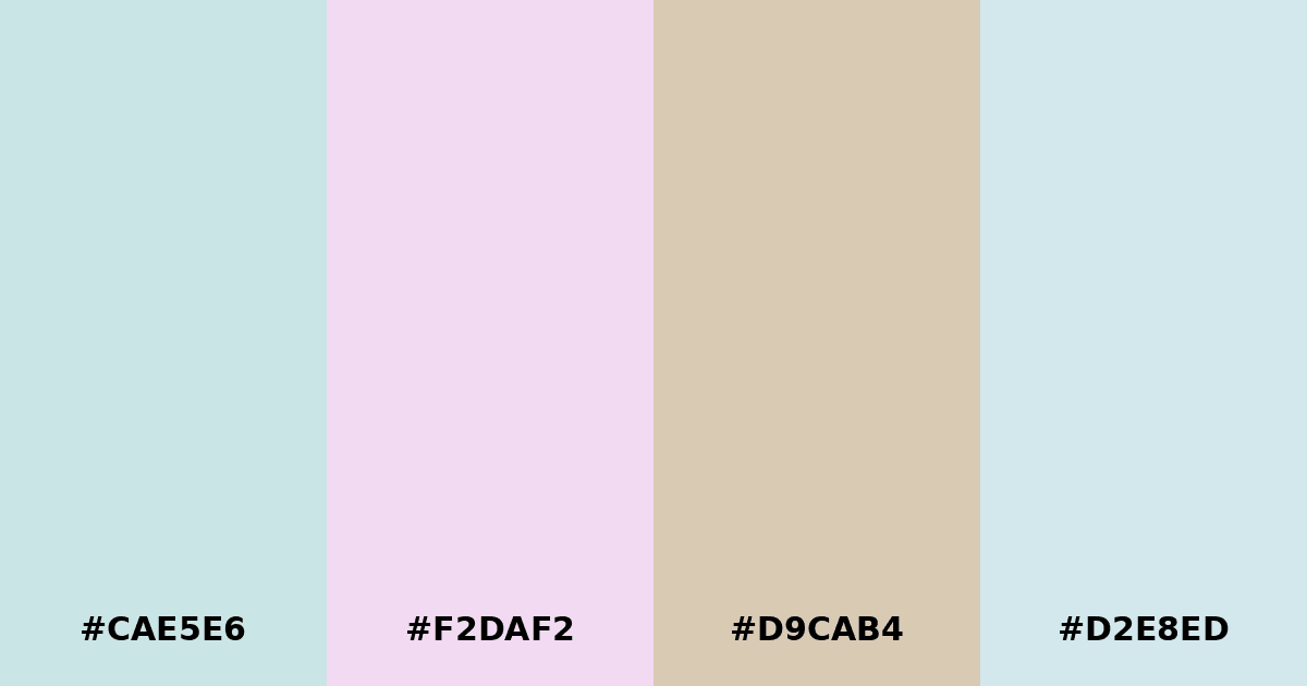 Color palette #CAE5E6 #F2DAF2 #D9CAB4 #D2E8ED