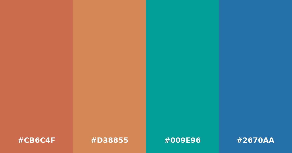 Color palette #CB6C4F #D38855 #009E96 #2670AA