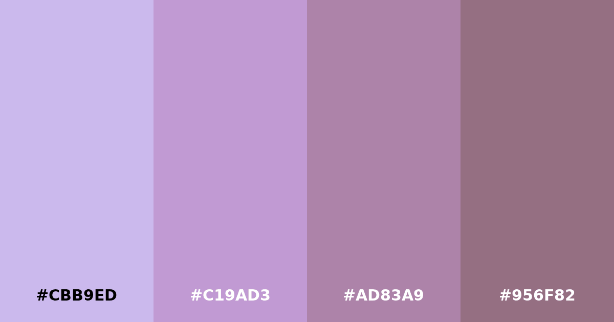 Color palette #CBB9ED #C19AD3 #AD83A9 #956F82