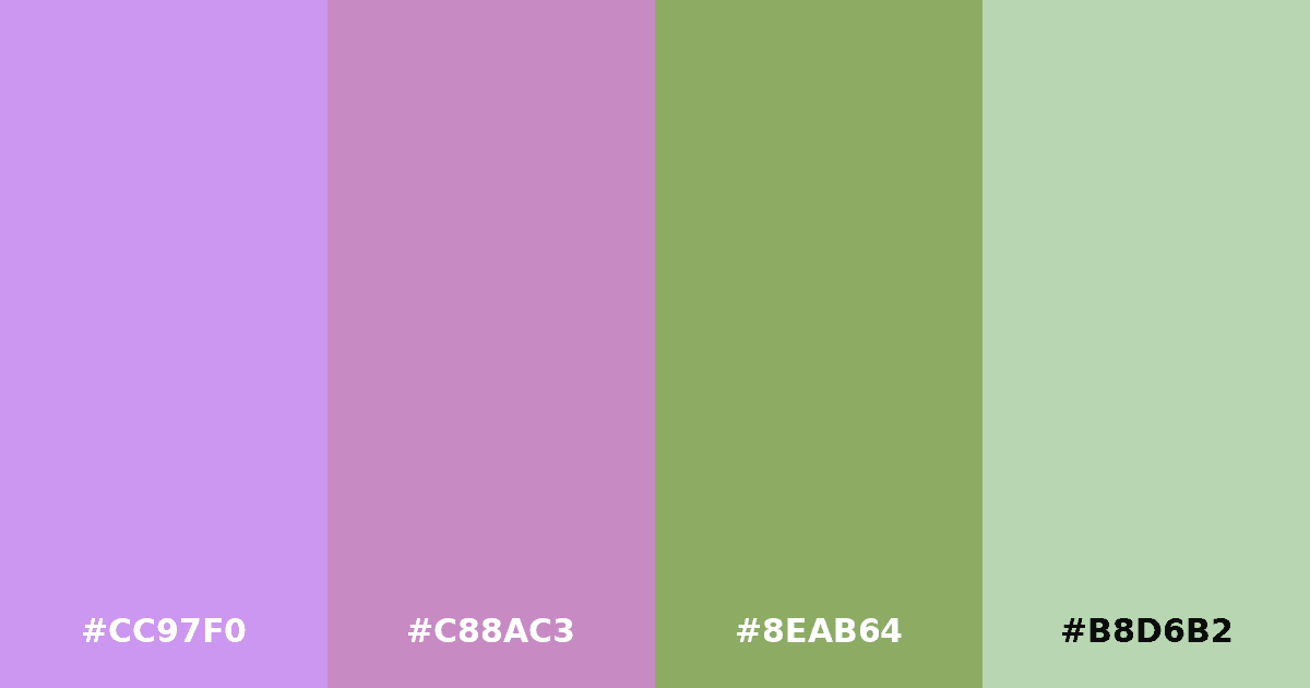 Color palette #CC97F0 #C88AC3 #8EAB64 #B8D6B2