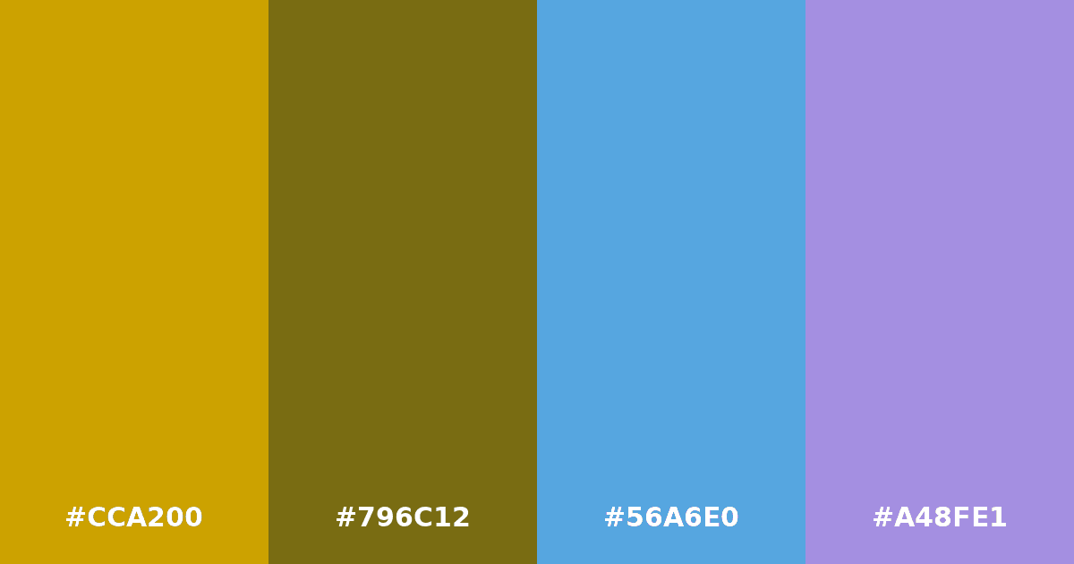 Color palette #CCA200 #796C12 #56A6E0 #A48FE1