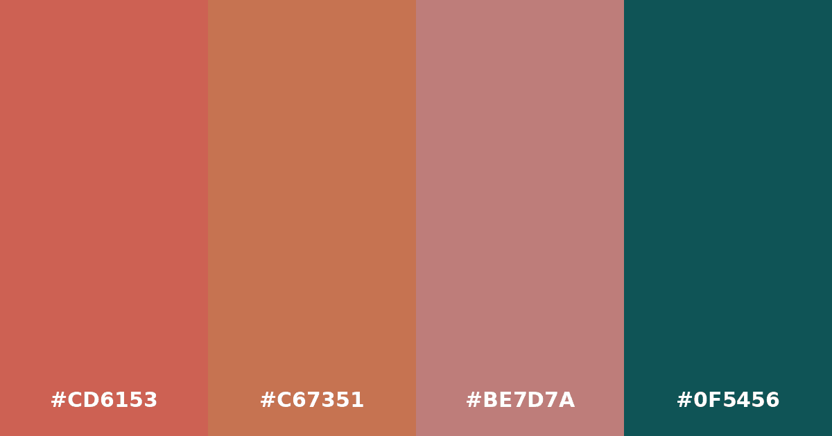 Color palette #CD6153 #C67351 #BE7D7A #0F5456