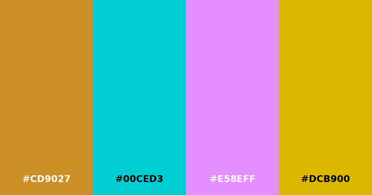 Color palette #CD9027 #00CED3 #E58EFF #DCB900