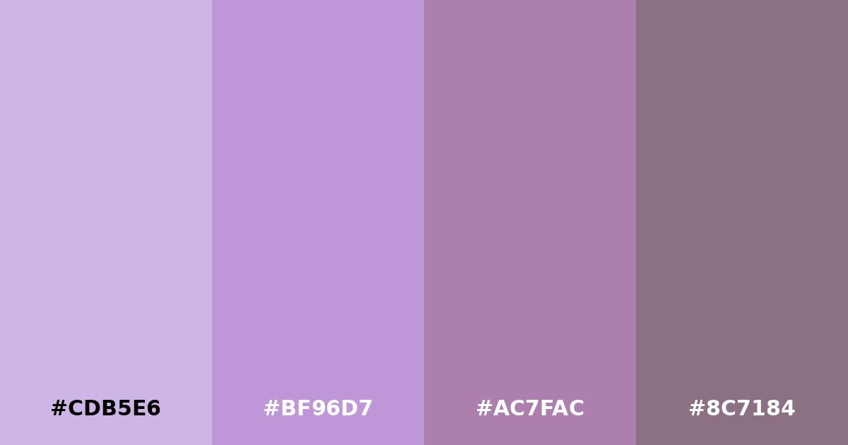 Color palette #CDB5E6 #BF96D7 #AC7FAC #8C7184
