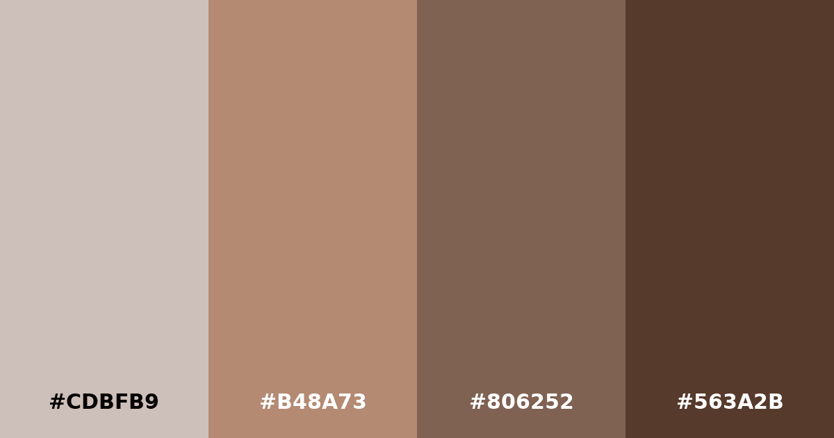 Color palette #CDBFB9 #B48A73 #806252 #563A2B