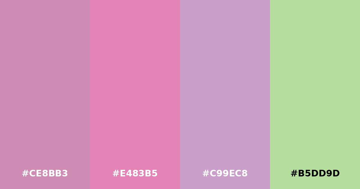 Color palette #CE8BB3 #E483B5 #C99EC8 #B5DD9D