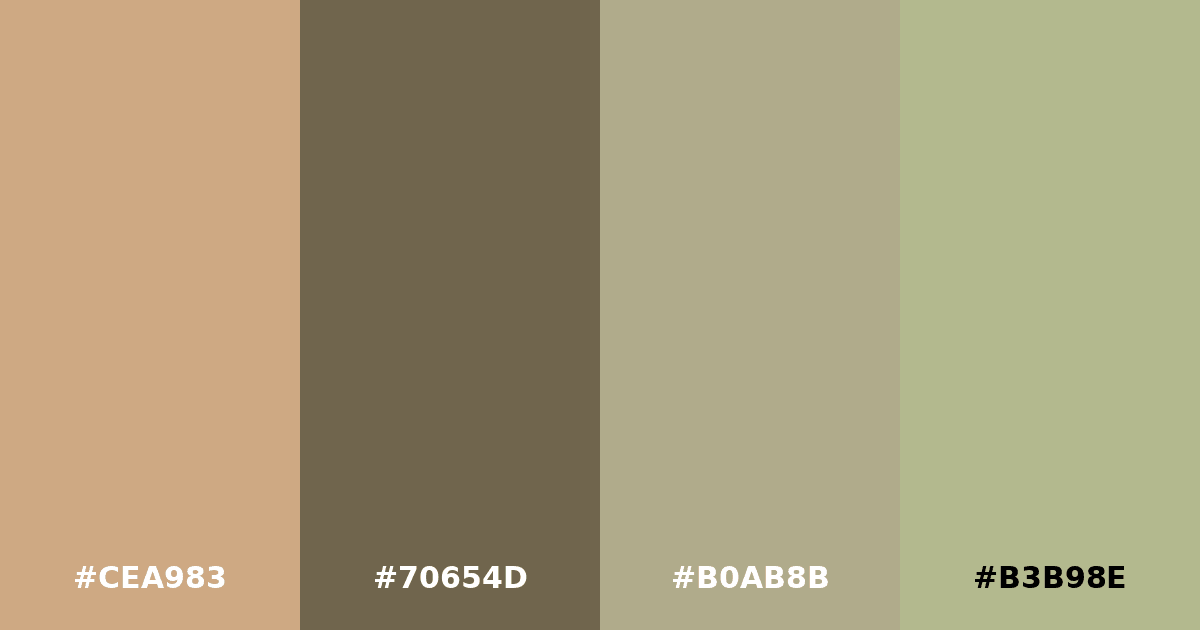 Color palette #CEA983 #70654D #B0AB8B #B3B98E