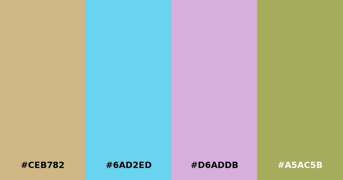 Color palette #CEB782 #6AD2ED #D6ADDB #A5AC5B