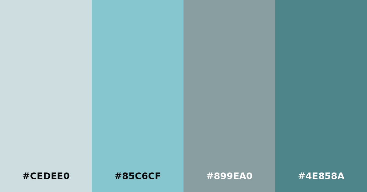 Color palette #CEDEE0 #85C6CF #899EA0 #4E858A