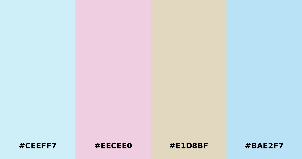 Color palette #CEEFF7 #EECEE0 #E1D8BF #BAE2F7