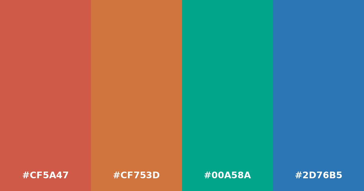Color palette #CF5A47 #CF753D #00A58A #2D76B5