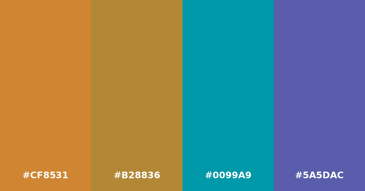Color palette #CF8531 #B28836 #0099A9 #5A5DAC
