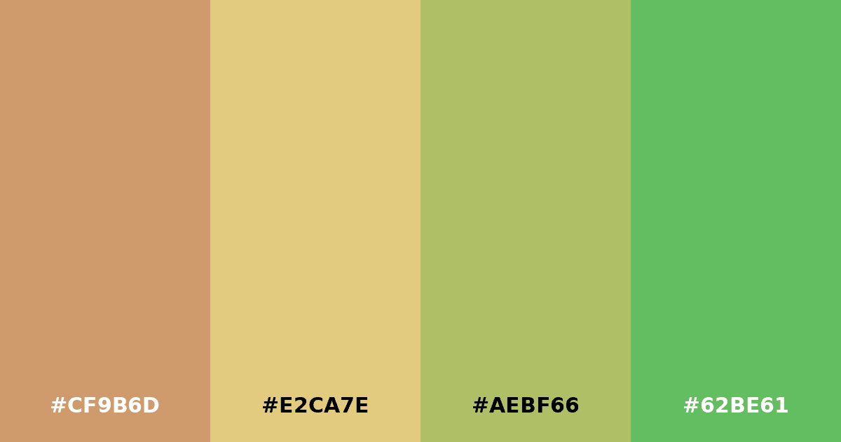 Color palette #CF9B6D #E2CA7E #AEBF66 #62BE61