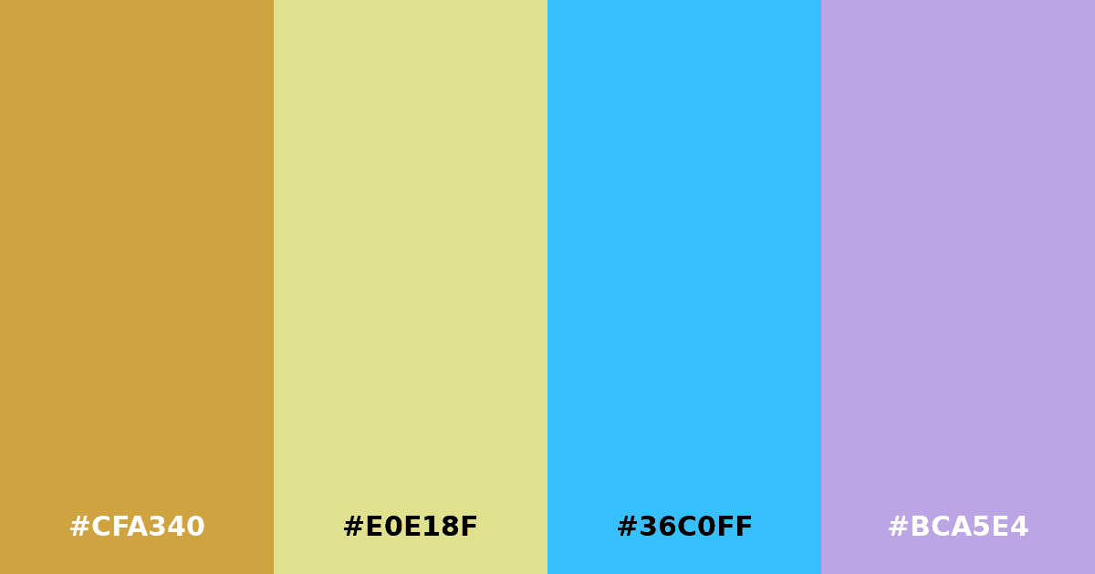 Color palette #CFA340 #E0E18F #36C0FF #BCA5E4