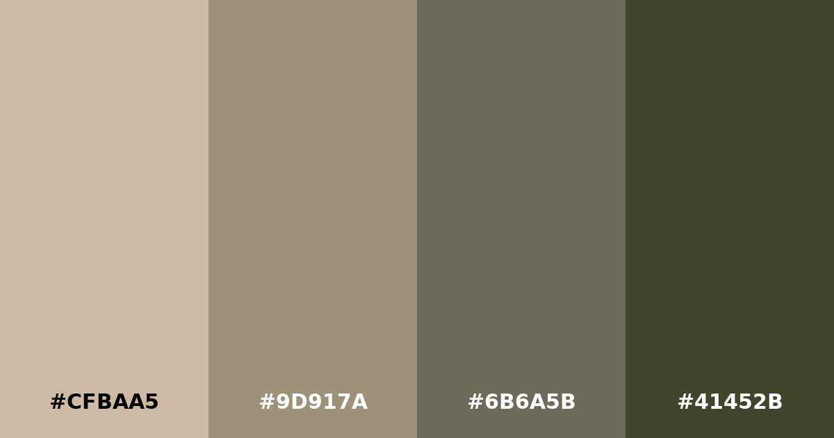 Color palette #CFBAA5 #9D917A #6B6A5B #41452B