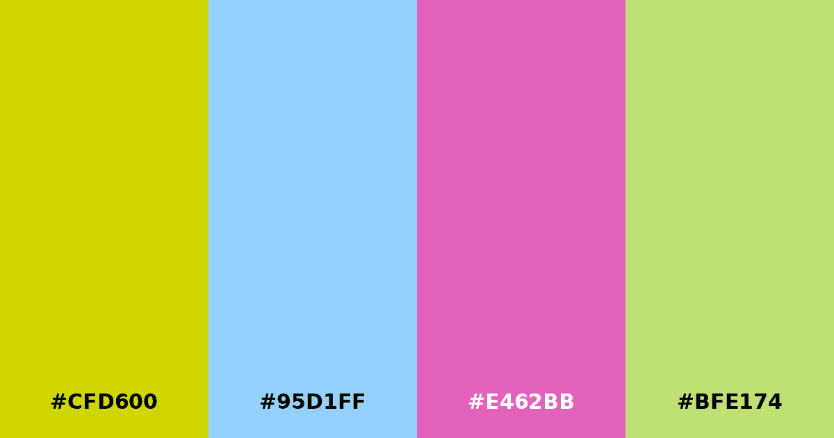 Color palette #CFD600 #95D1FF #E462BB #BFE174
