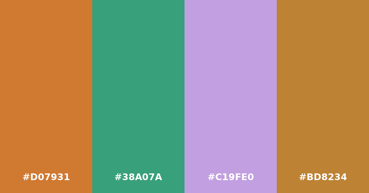 Color palette #D07931 #38A07A #C19FE0 #BD8234