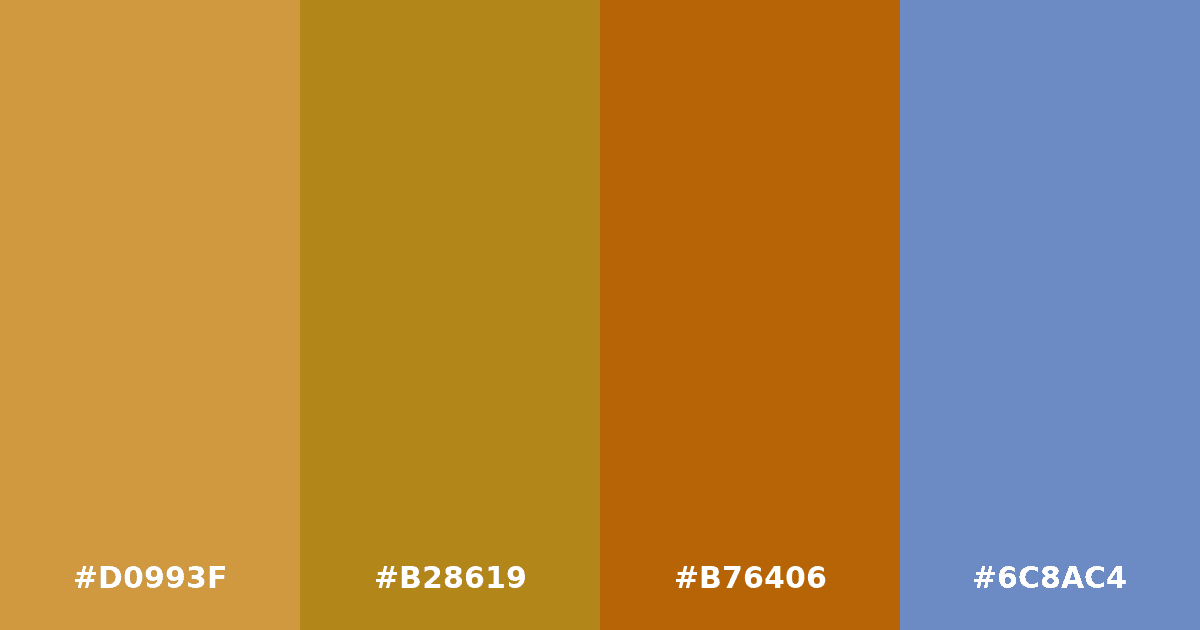 Color palette #D0993F #B28619 #B76406 #6C8AC4