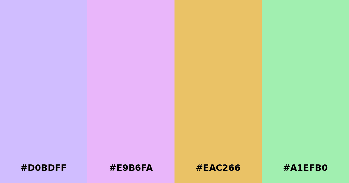 Color palette #D0BDFF #E9B6FA #EAC266 #A1EFB0