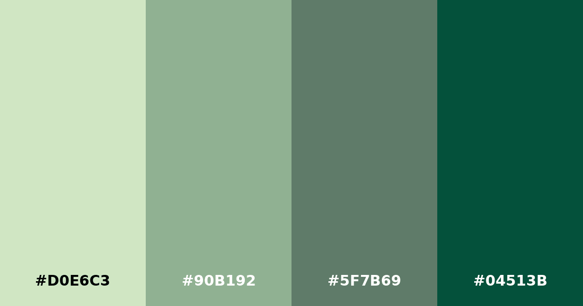 Color palette #D0E6C3 #90B192 #5F7B69 #04513B
