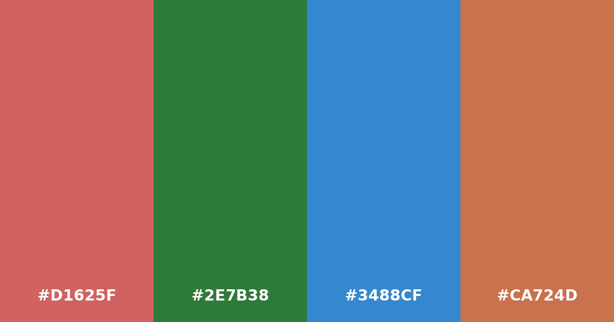 Color palette #D1625F #2E7B38 #3488CF #CA724D