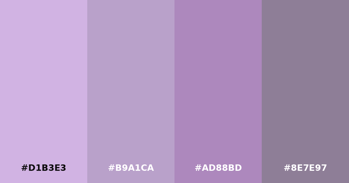 Color palette #D1B3E3 #B9A1CA #AD88BD #8E7E97
