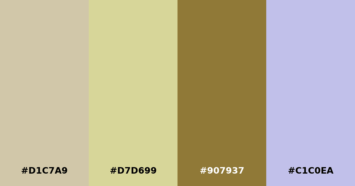 Color palette #D1C7A9 #D7D699 #907937 #C1C0EA